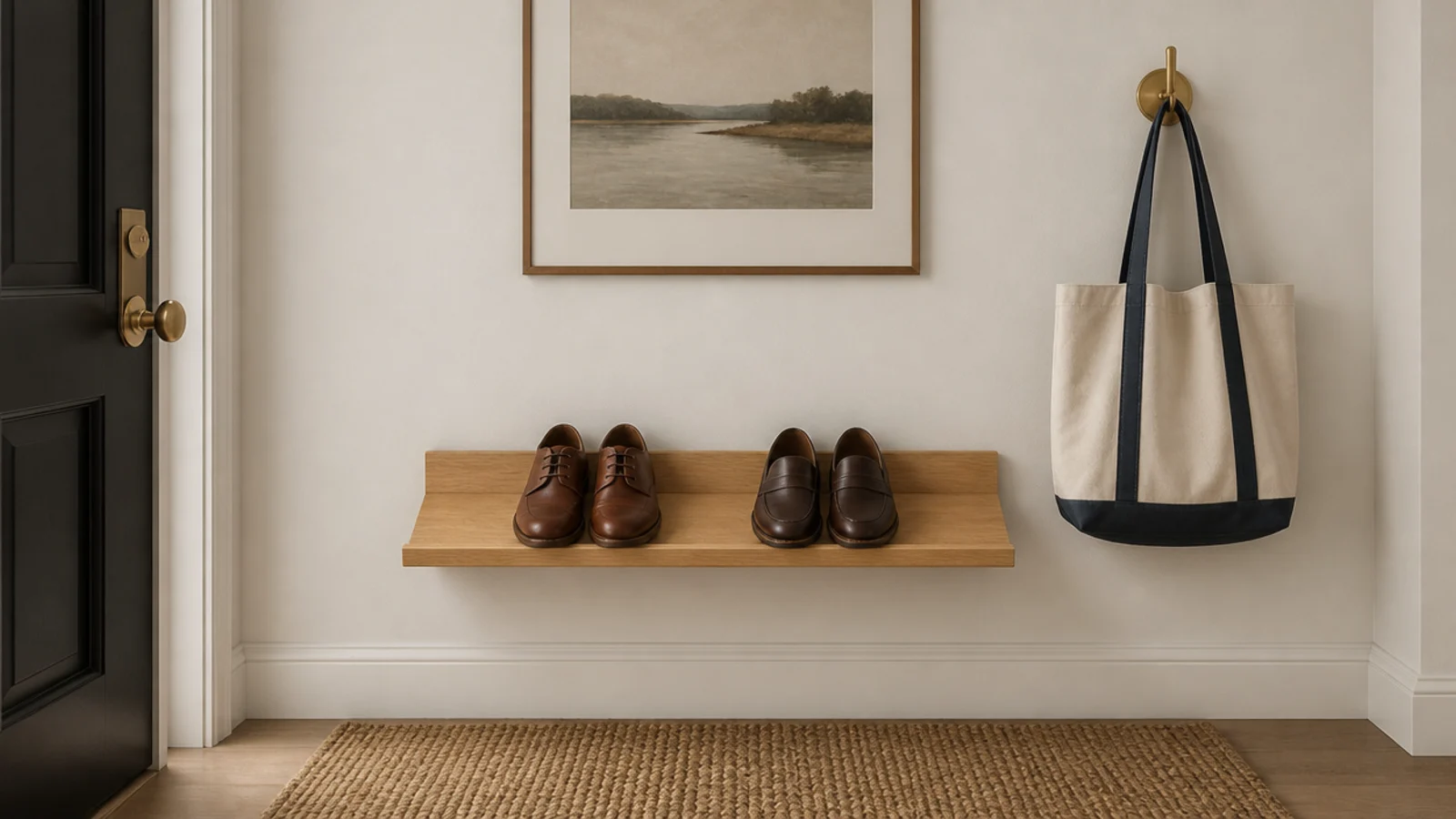 low angled wooden ledge by a front door holding two pairs of shoes