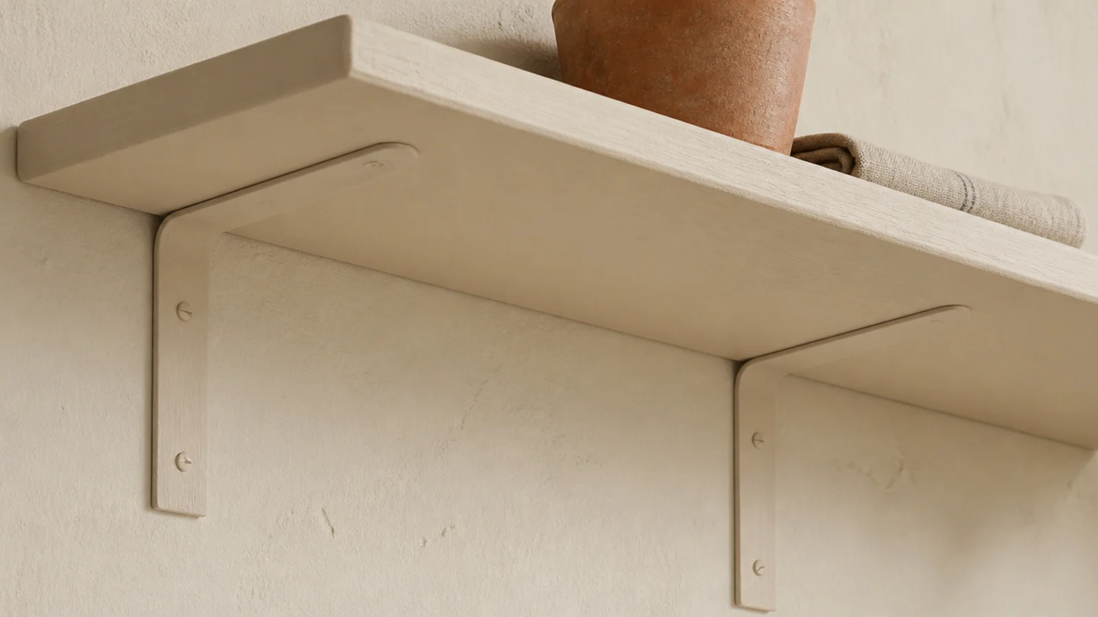 pine shelf on cream painted L brackets that disappear against the wall