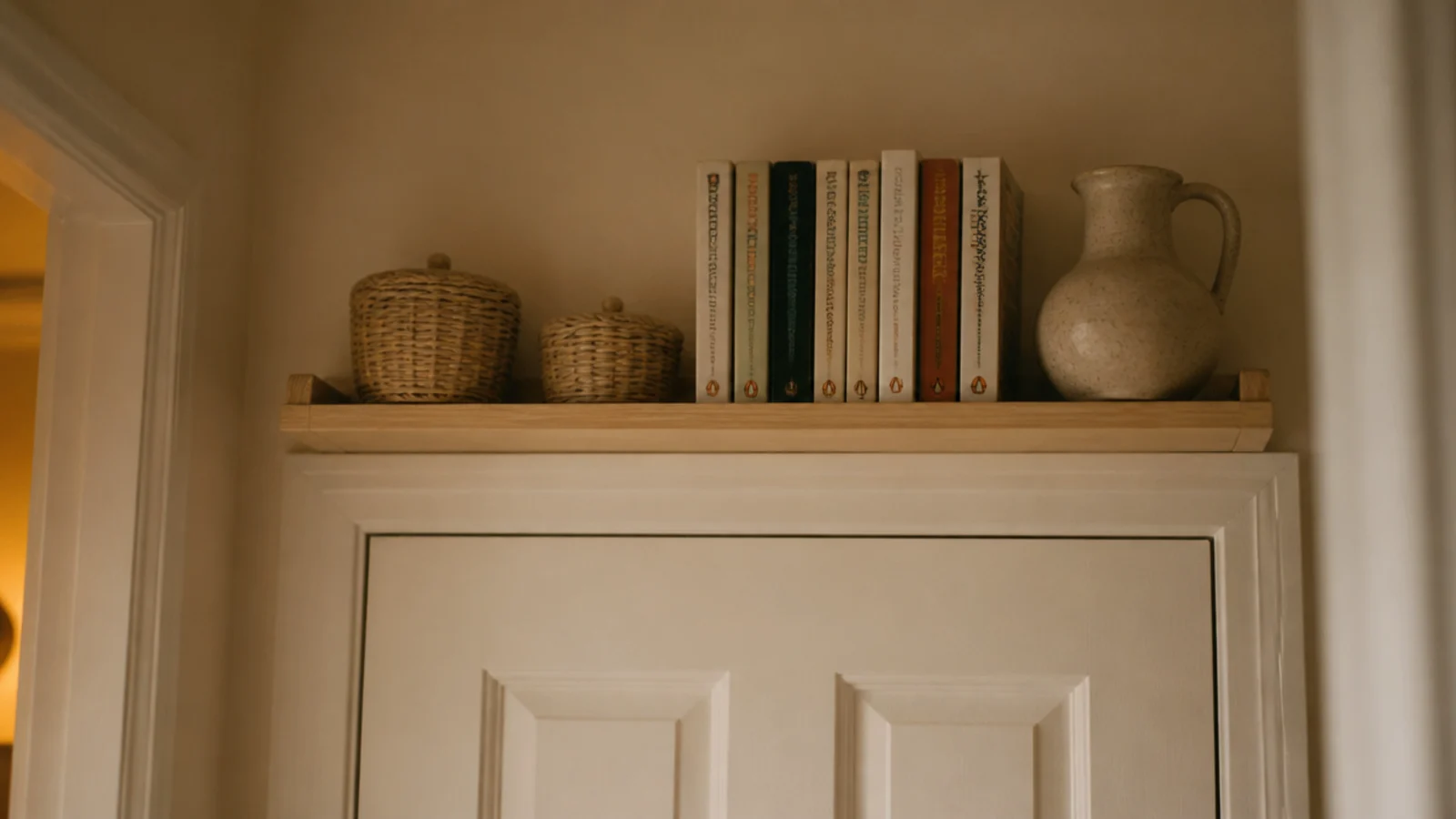 shallow bamboo shelf mounted above a doorway holding baskets and books