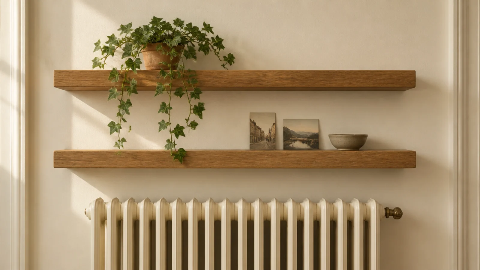 two wooden shelves mounted with clearance above a cream column radiator