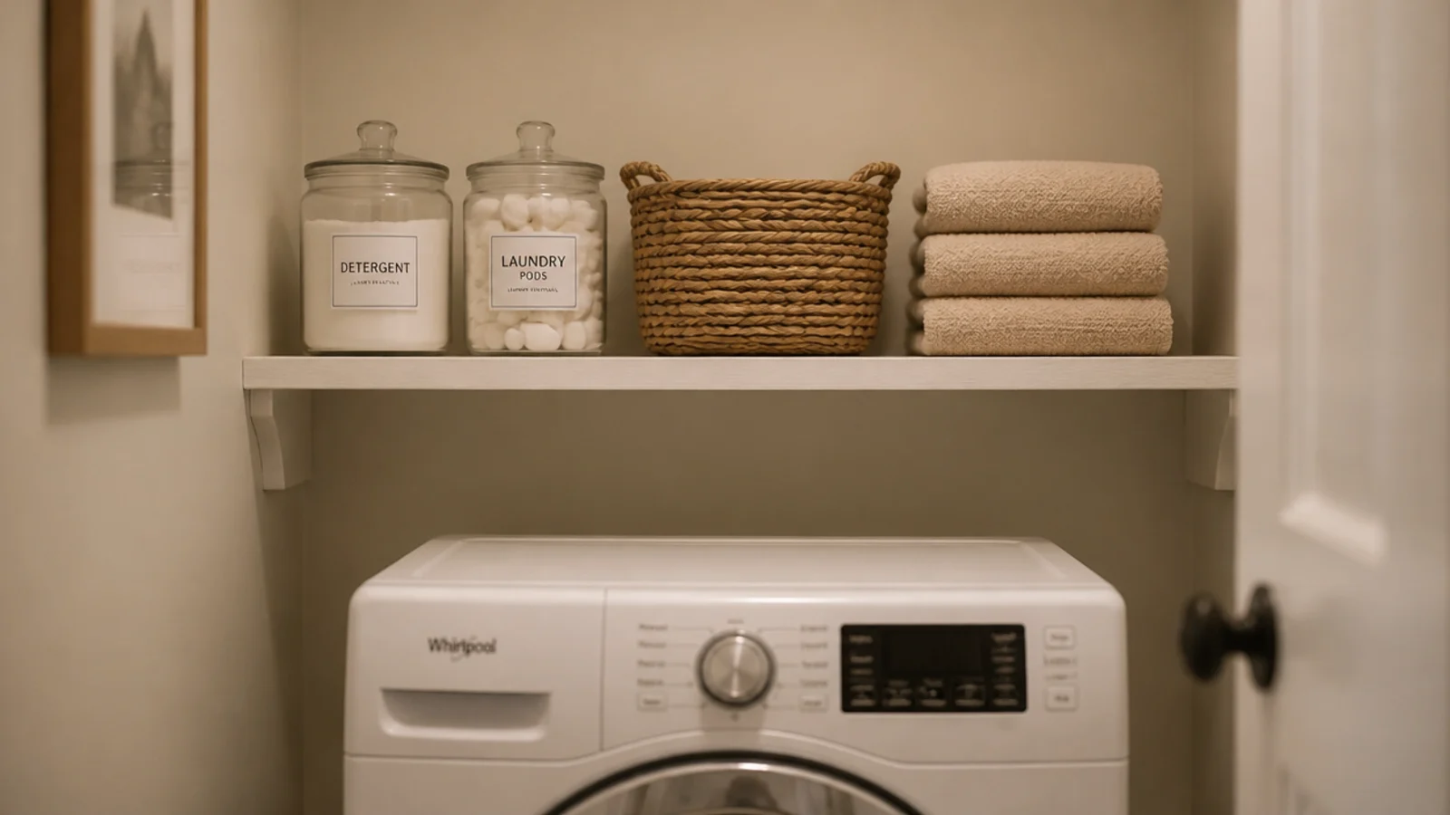 wooden shelf above a washing machine holding jars baskets and folded linen