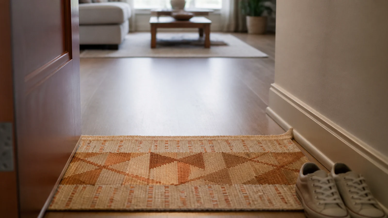 flat weave runner marking an entry zone inside an apartment door
