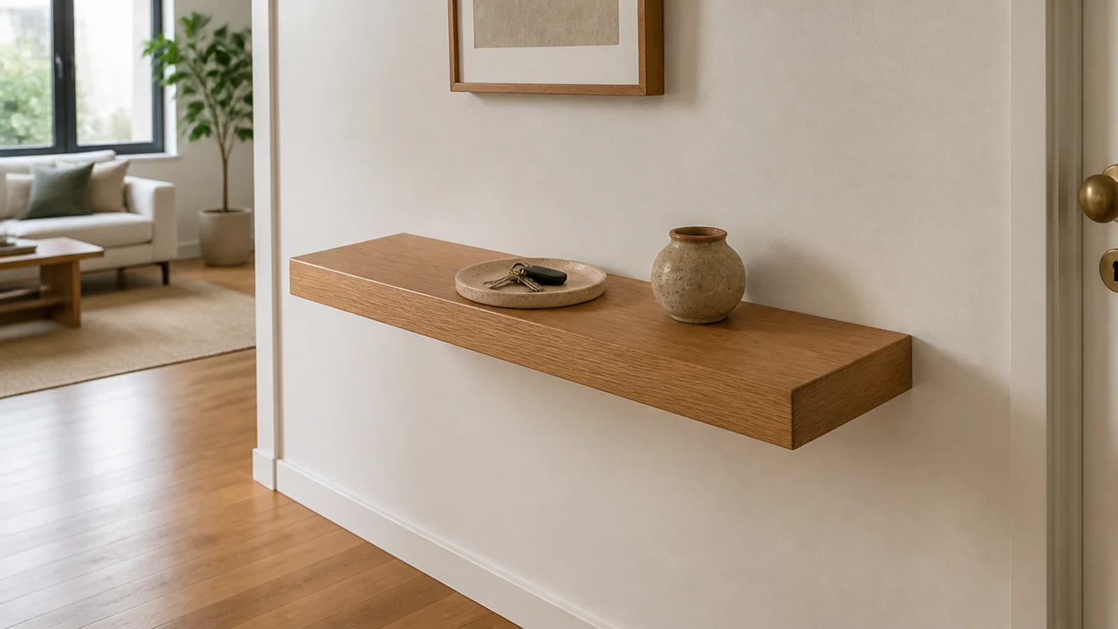 floating oak console shelf mounted in a small apartment entryway