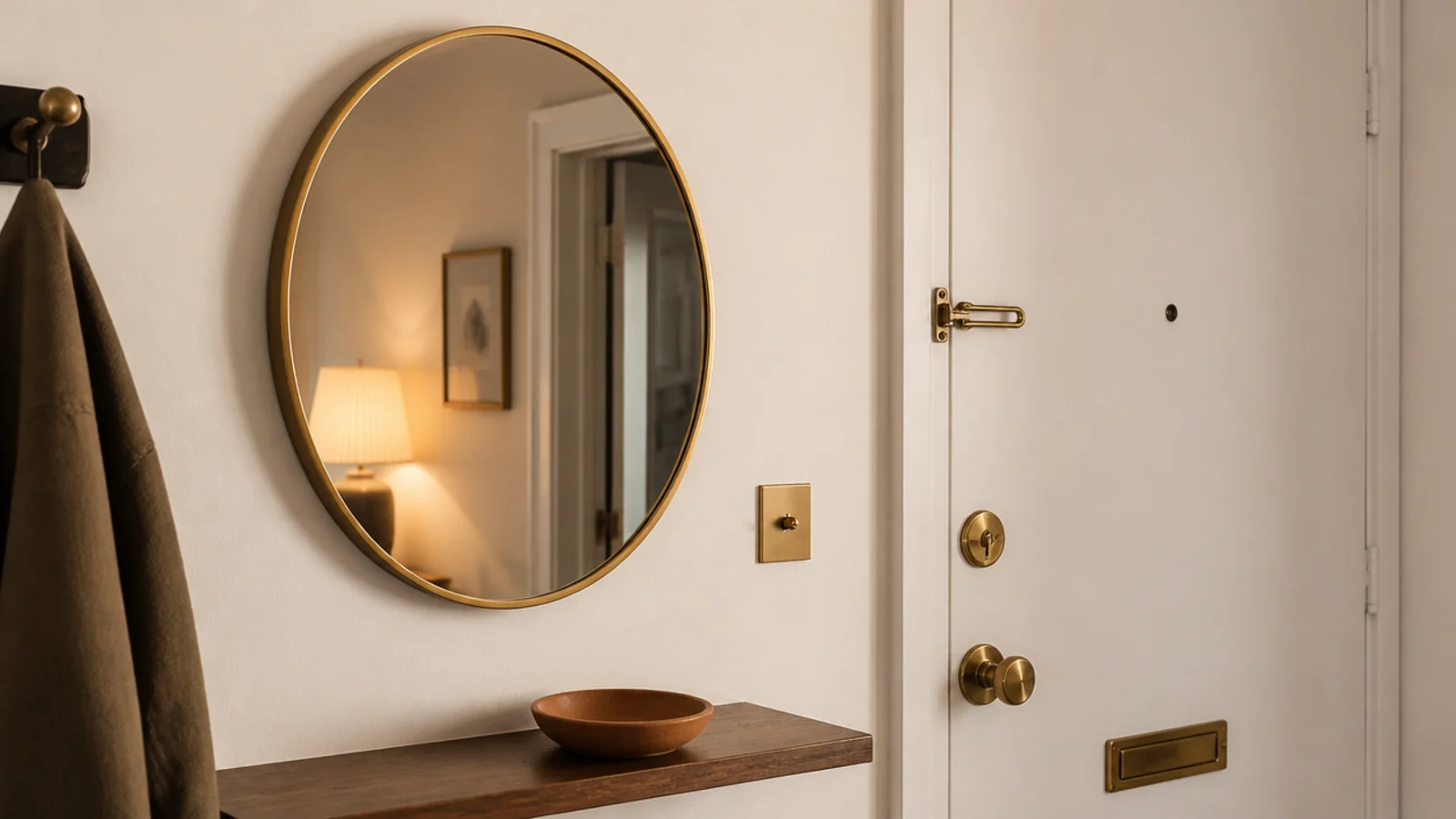 round brass framed mirror on an apartment entry wall beside the door