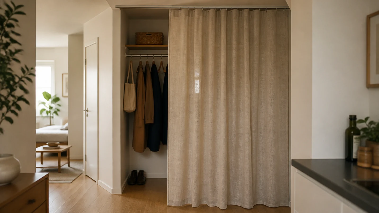 linen curtain drawn across an apartment entry coat rail on a rod