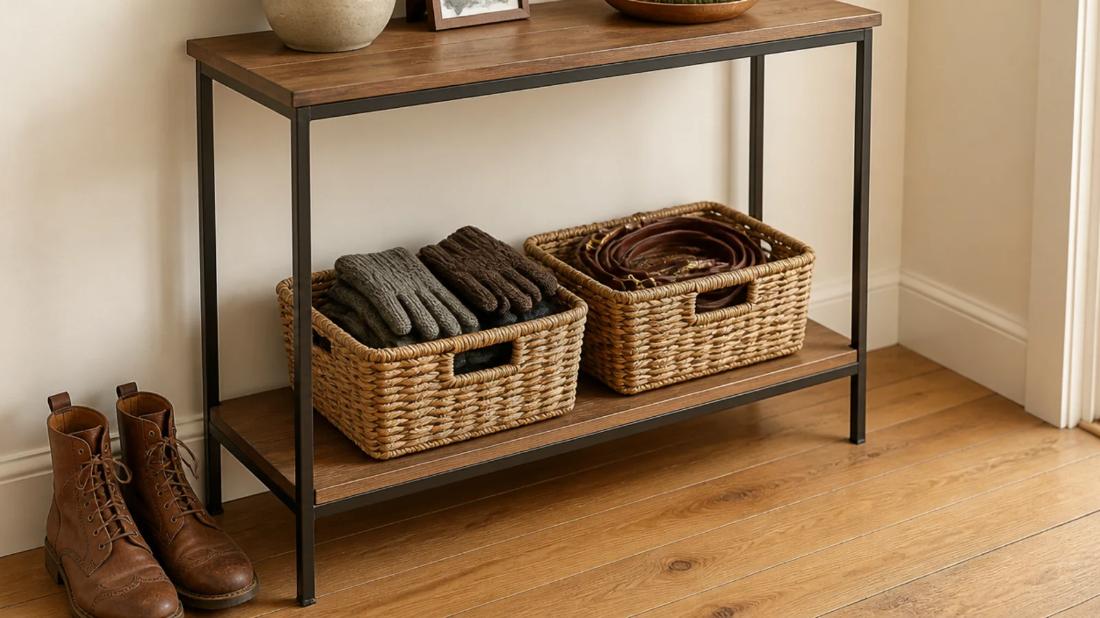 two woven baskets on the lower shelf of an apartment entry console