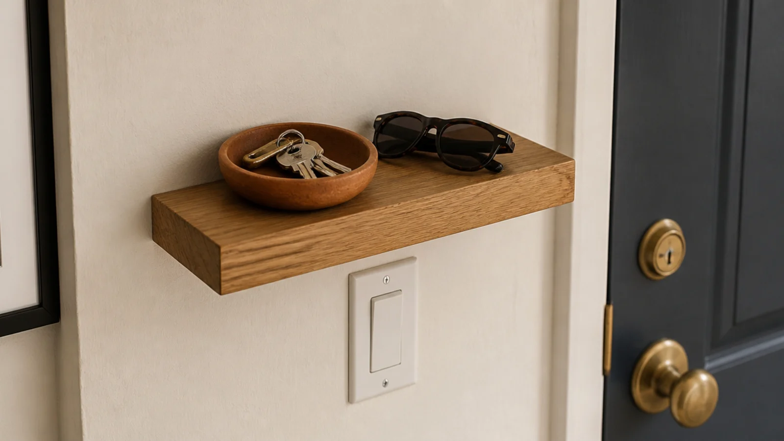 small floating shelf mounted above a light switch by an apartment door