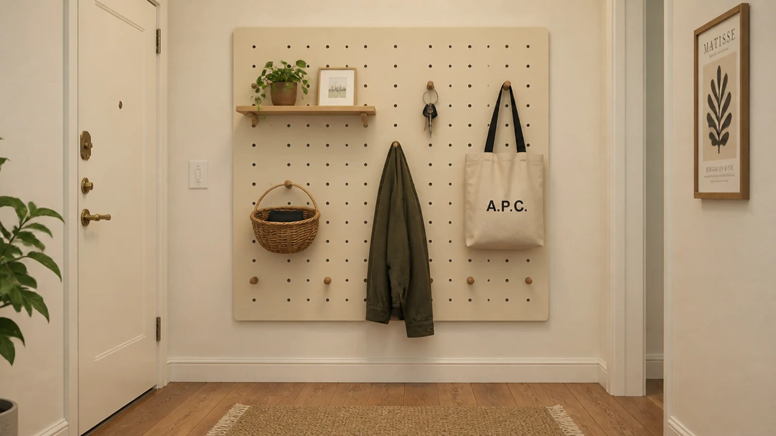 painted pegboard panel with hooks and a shelf in an apartment entry