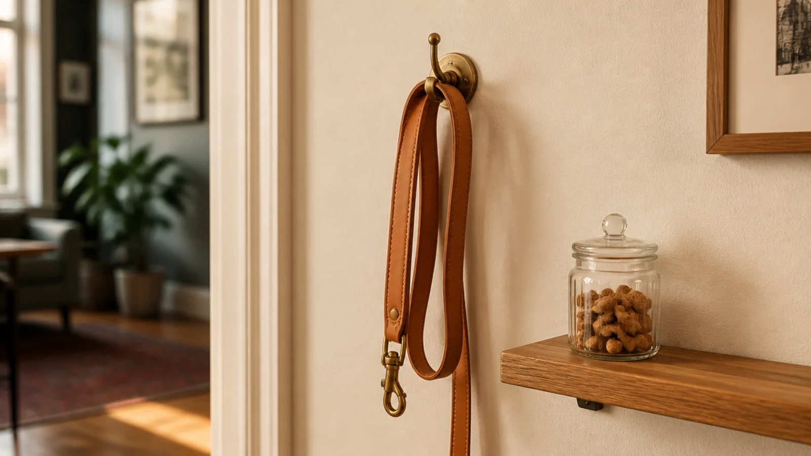 brass hook holding a dog lead beside a small glass treat jar