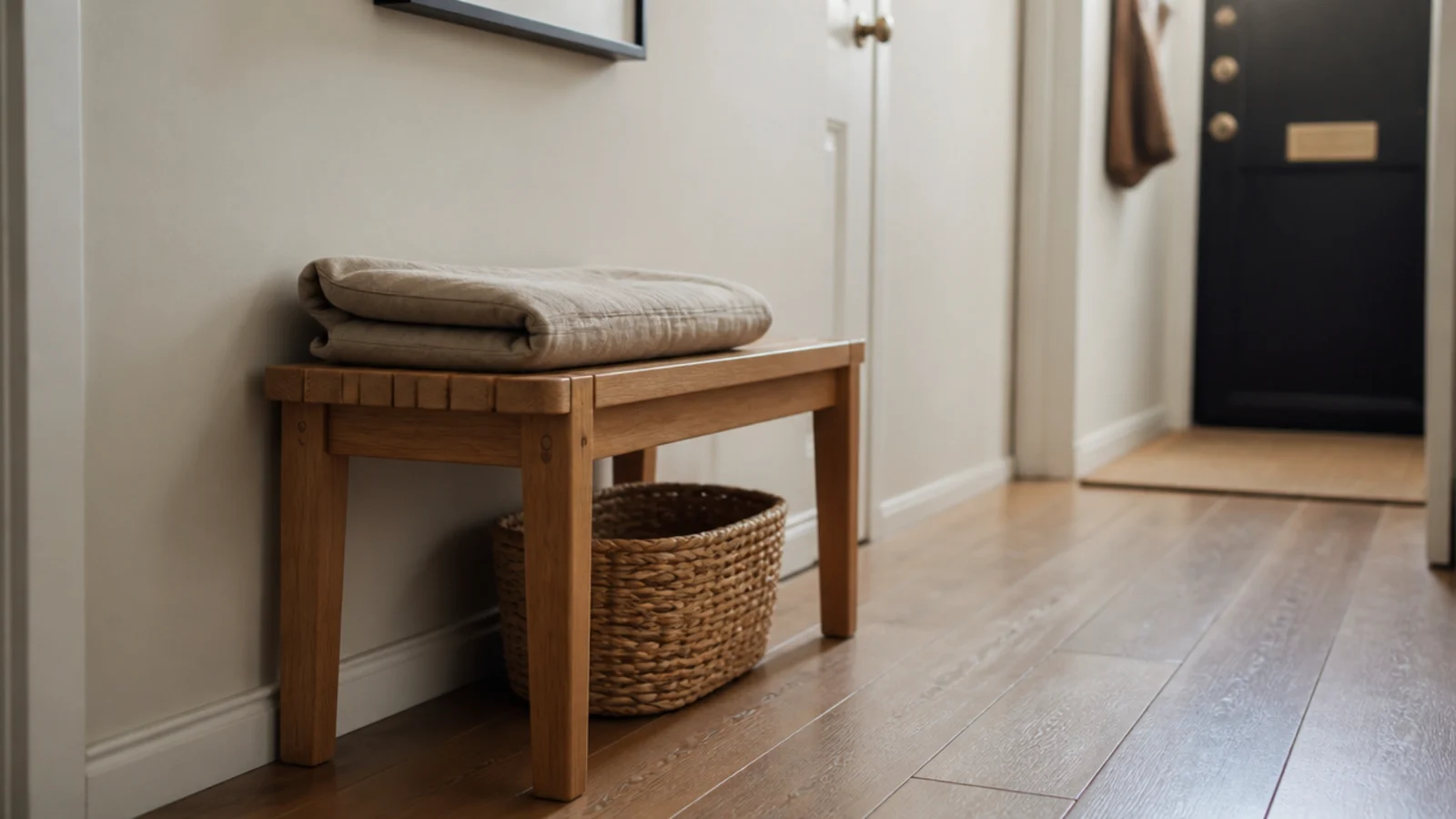 short slatted bench thirty inches long in a tight apartment entry