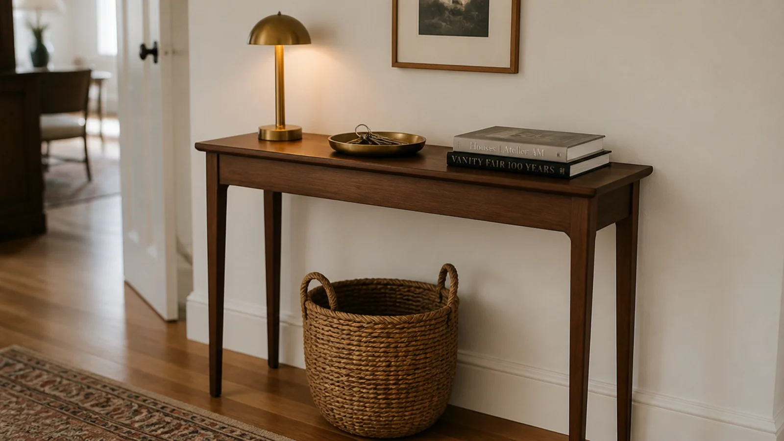 slim four leg console table twelve inches deep in a warm entryway