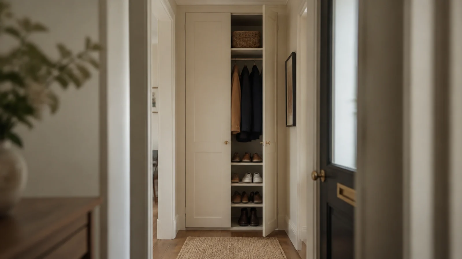 tall narrow cream cabinet holding coats and shoes in a small entry