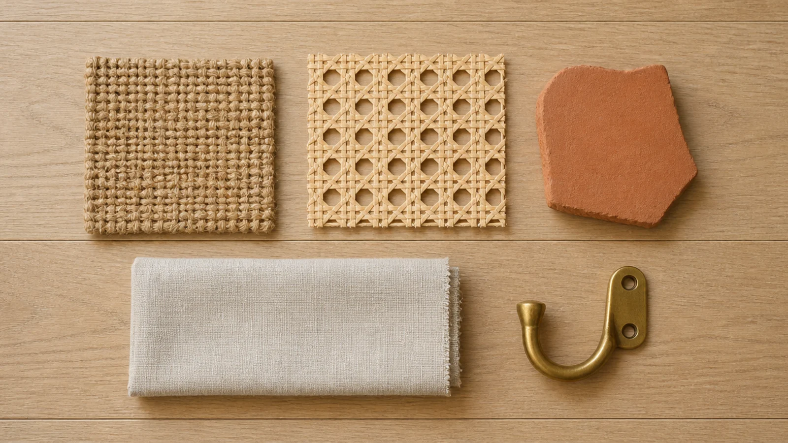 natural material samples for a boho entryway laid out on oak boards