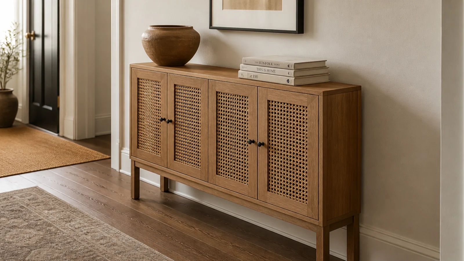 cane fronted oak console table in a narrow boho entryway hallway