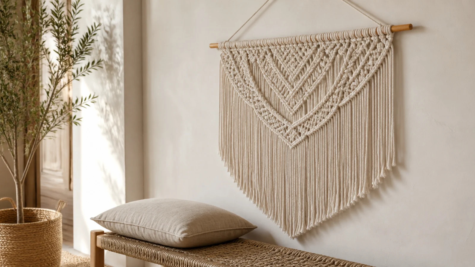 cream macrame wall hanging above a woven bench in an entryway