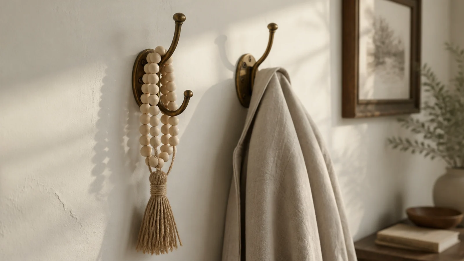 wooden bead garland with a tassel hanging from an entryway hook