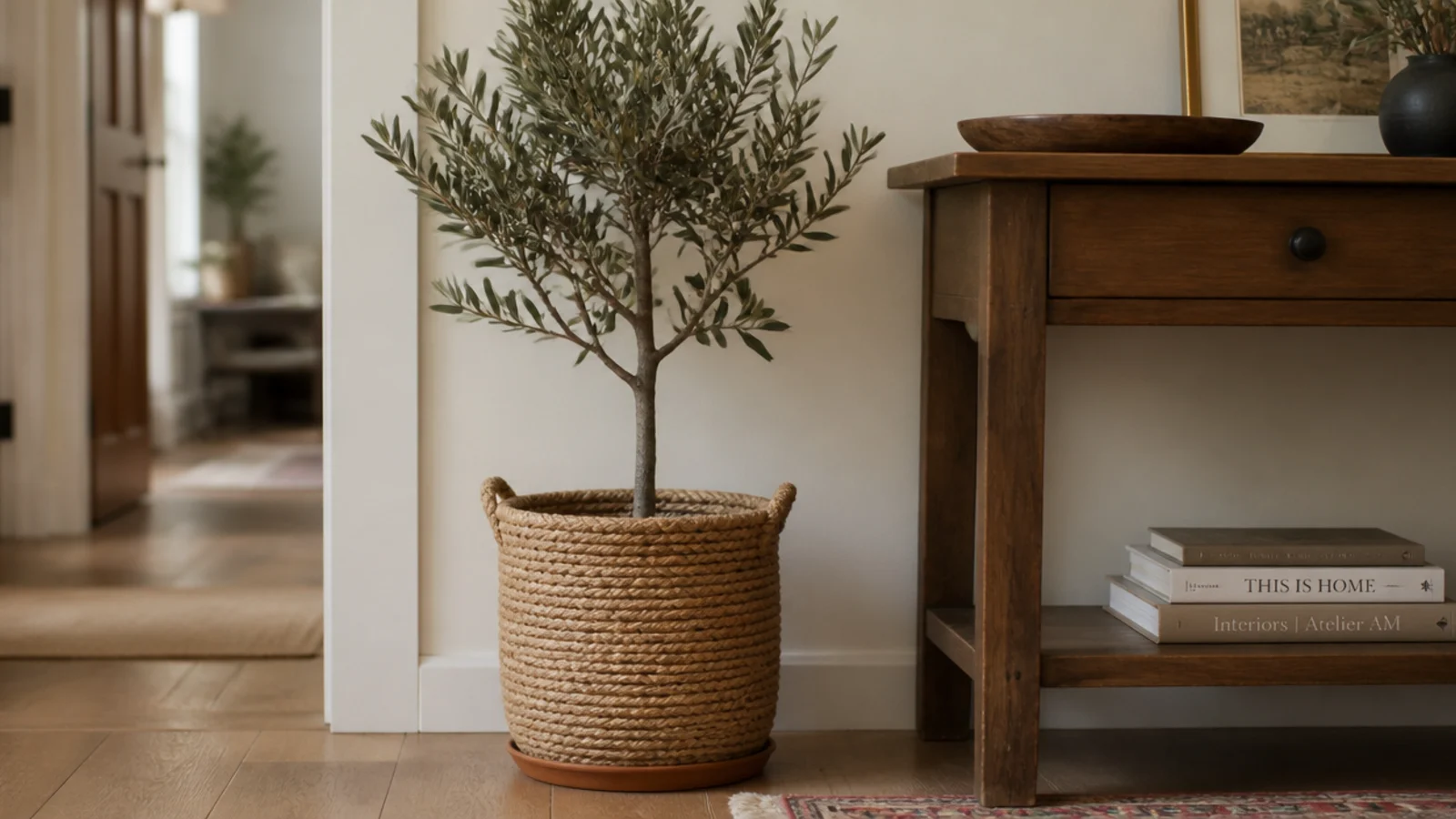 olive tree in a woven basket beside a boho entryway console table