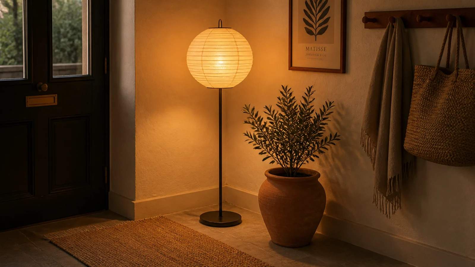 paper lantern shade casting warm light in a boho entryway corner