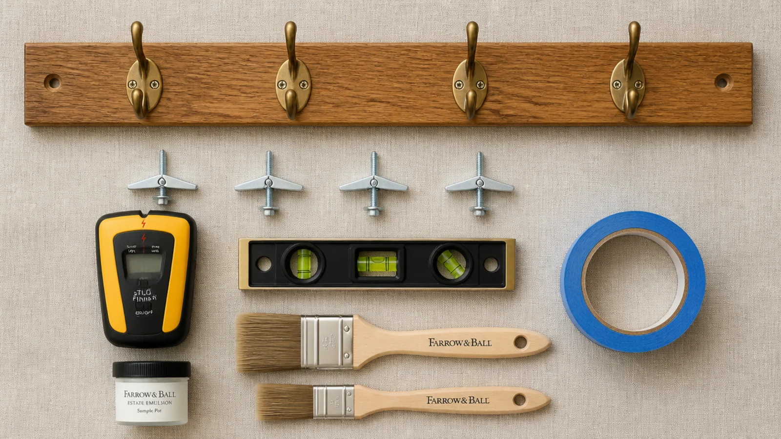 flat lay of entryway makeover tools and hardware on natural linen