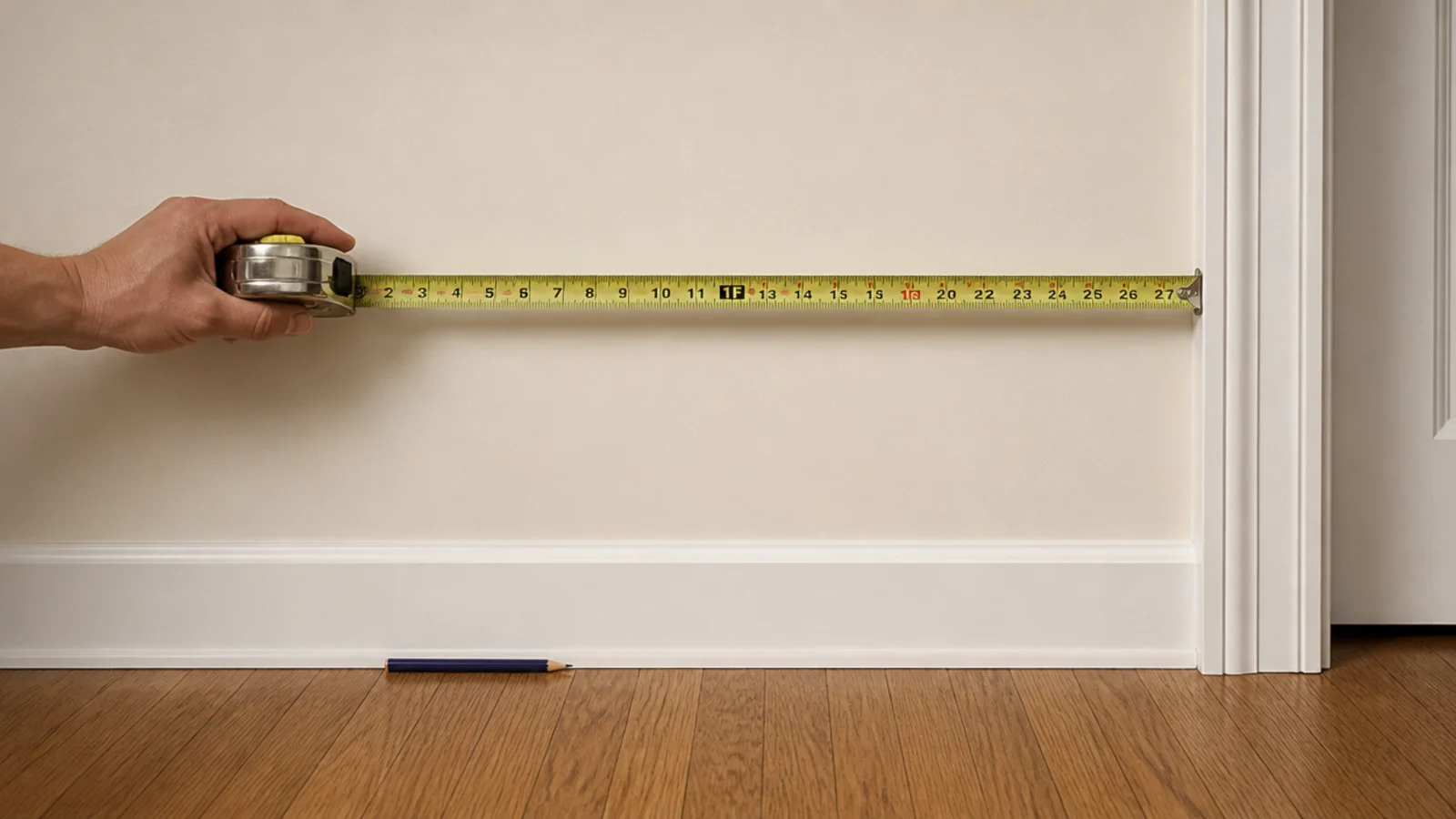 tape measure held from an entryway wall toward a painted doorframe