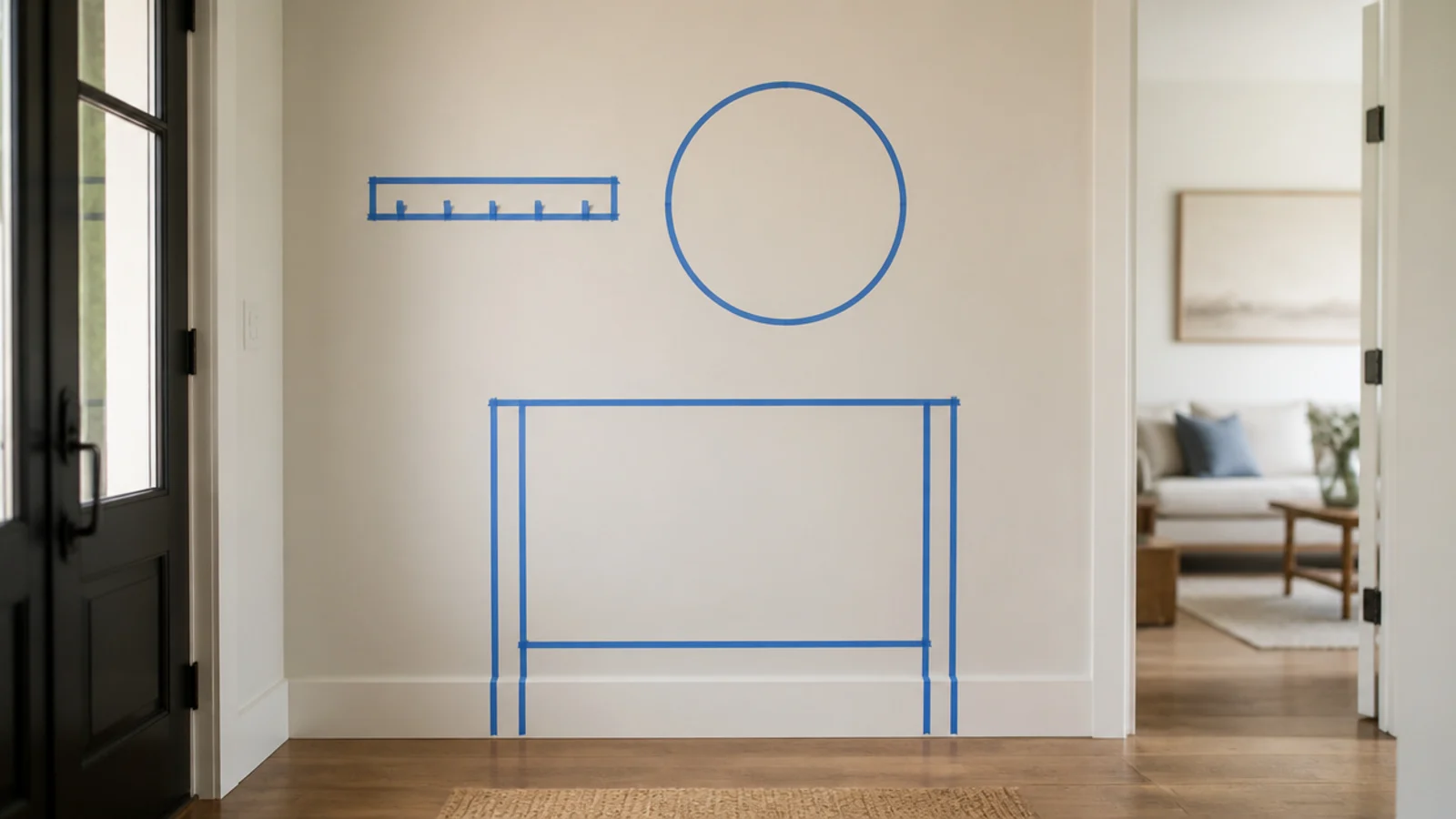painters tape outlines marking hook rail and mirror on an entry wall