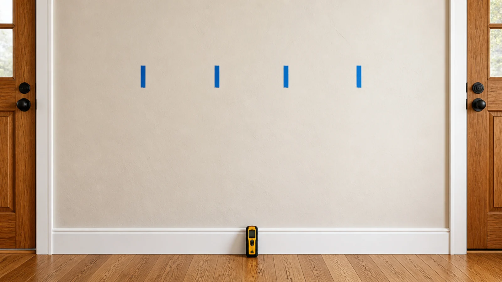 strips of painters tape marking stud positions along an entryway wall
