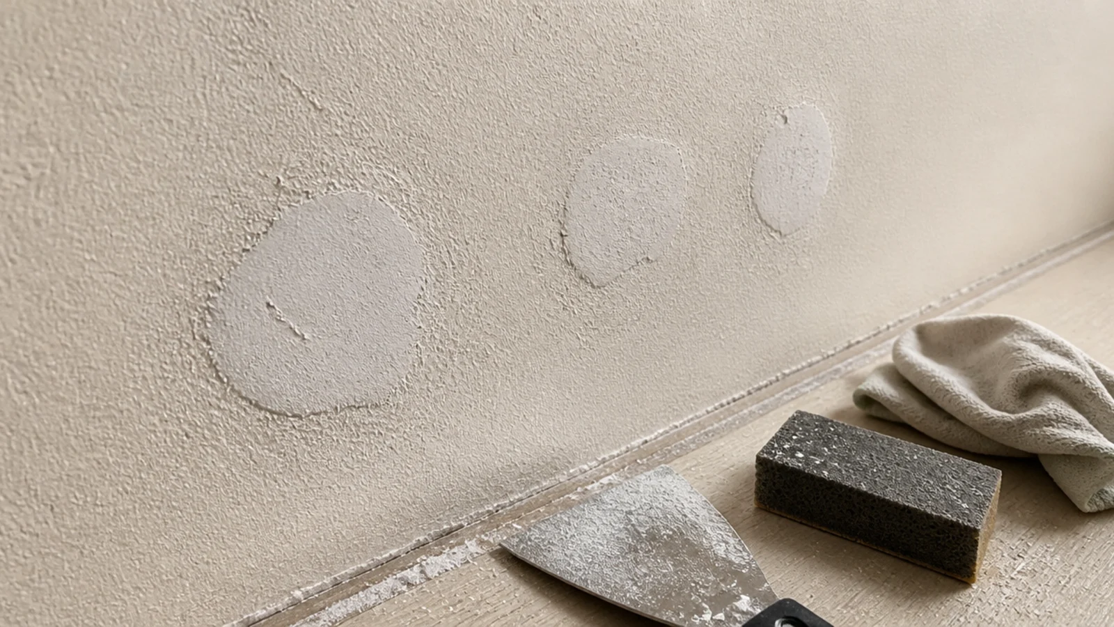 filled and sanded patches drying on a cream entryway wall