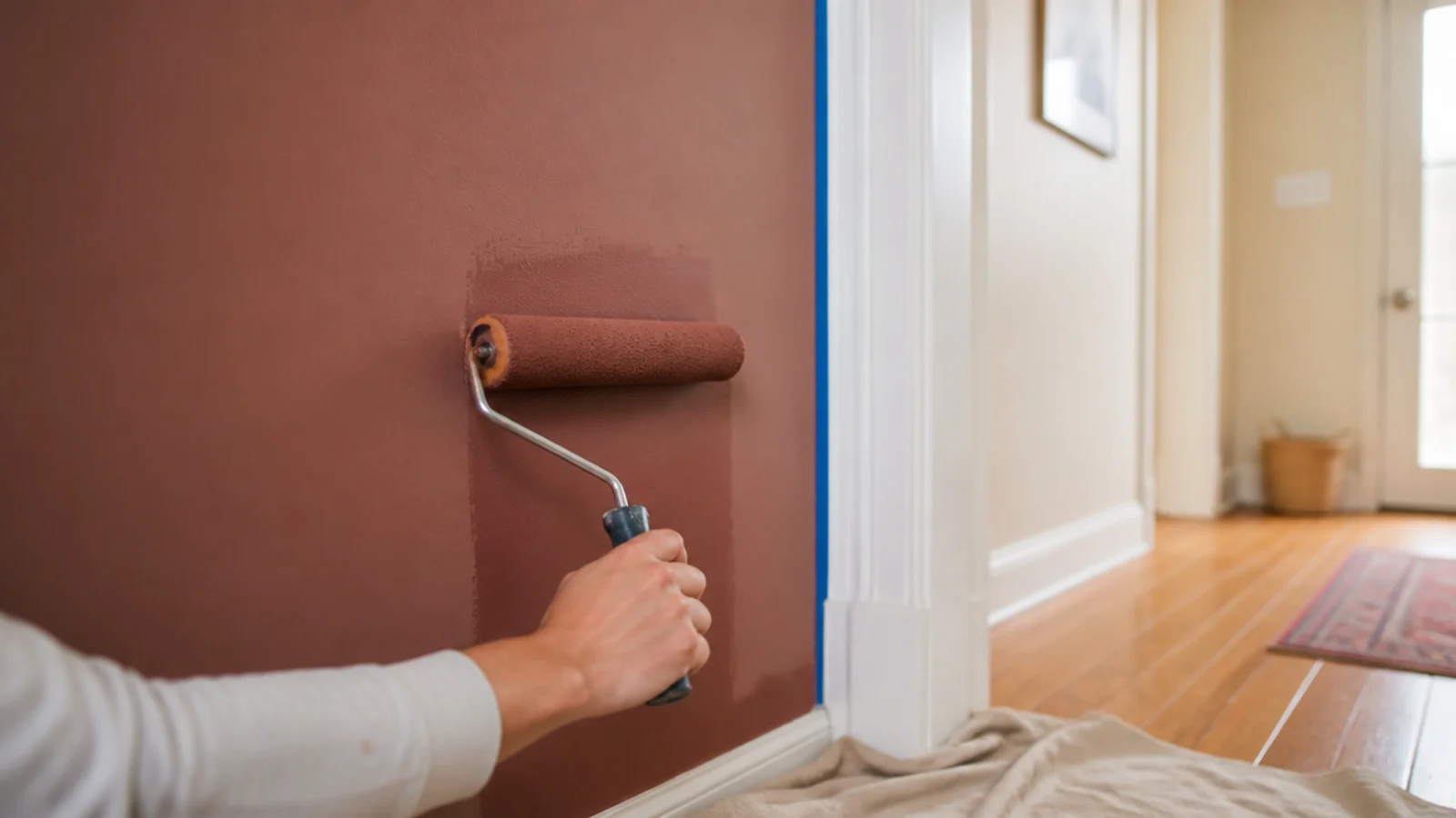 entryway wall being rolled in a deeper clay shade beside a doorframe