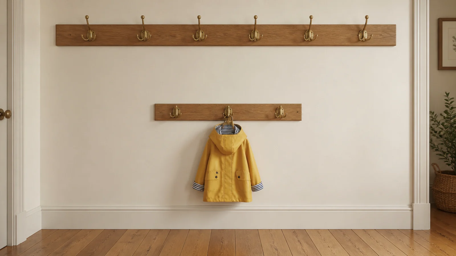 second lower coat rail mounted beneath the adult entryway hooks