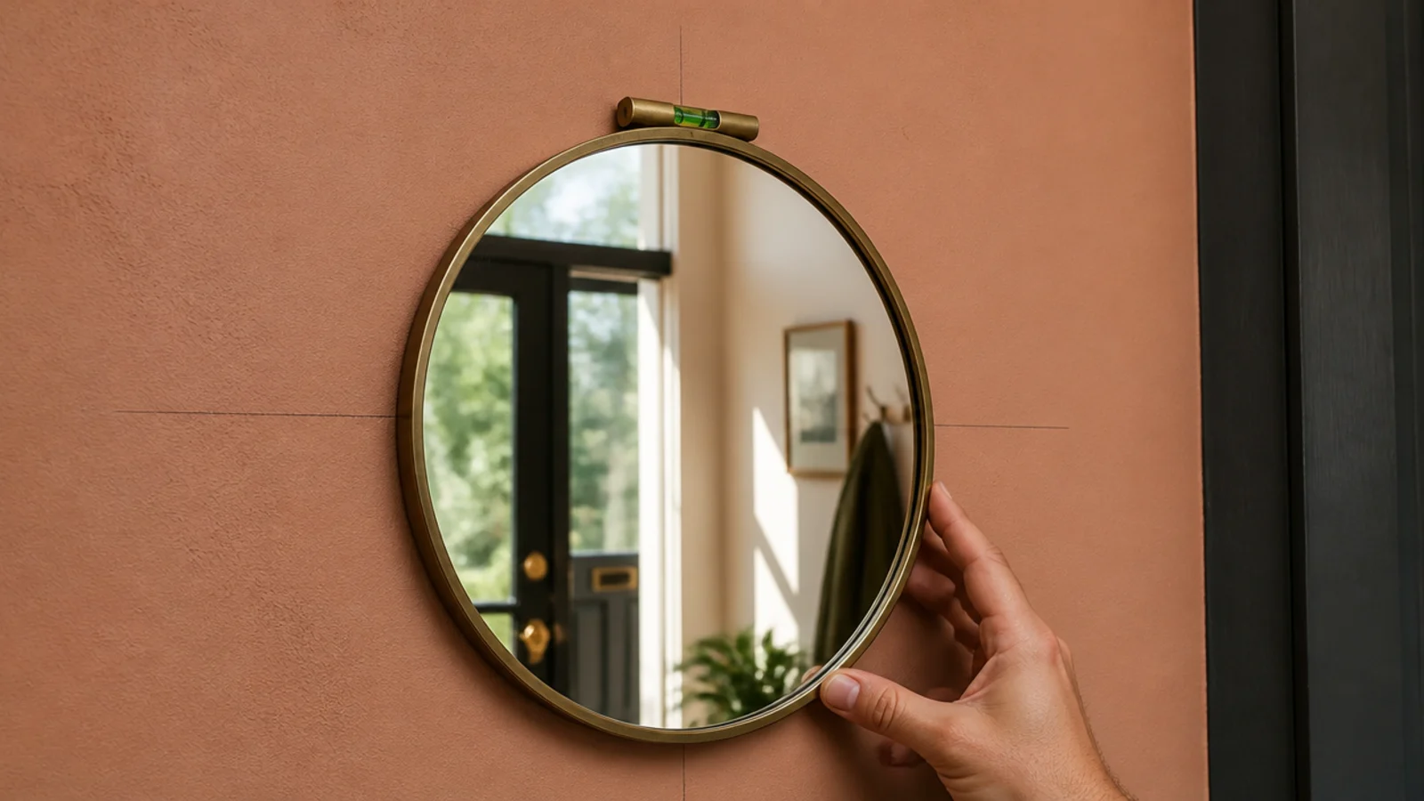 round brass mirror being levelled on an entryway wall above pencil marks