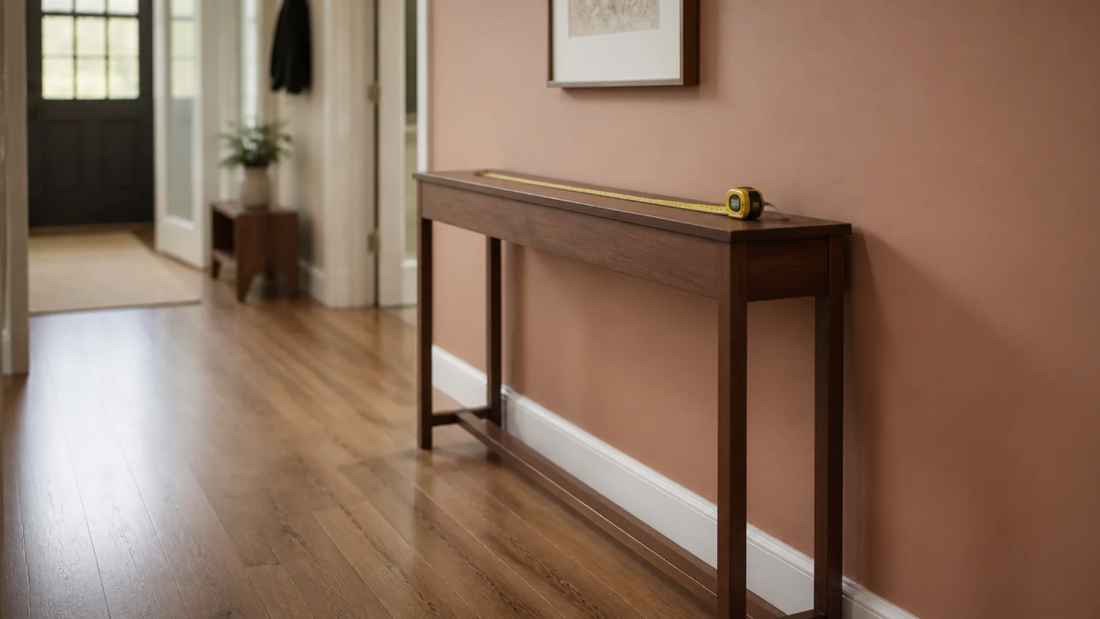 slim walnut console positioned against a painted entryway wall
