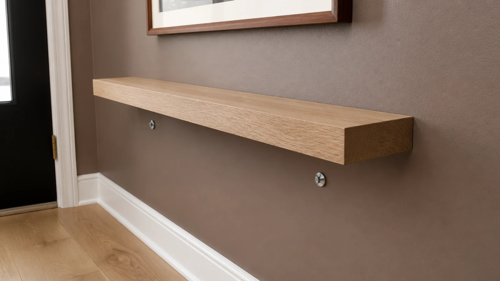 shallow floating oak ledge mounted on a narrow entryway wall