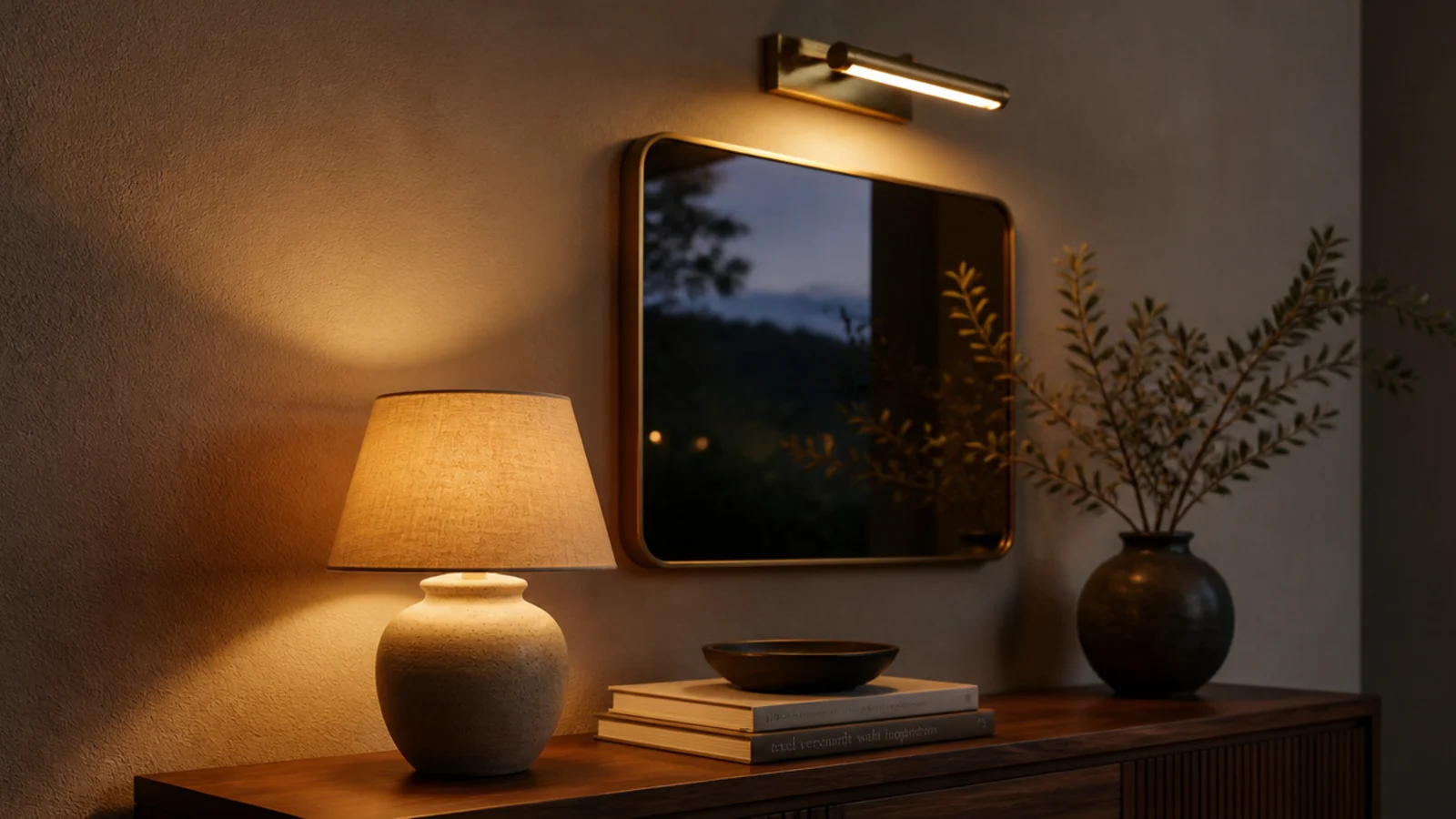 small ceramic lamp and brass picture light lit in an entryway