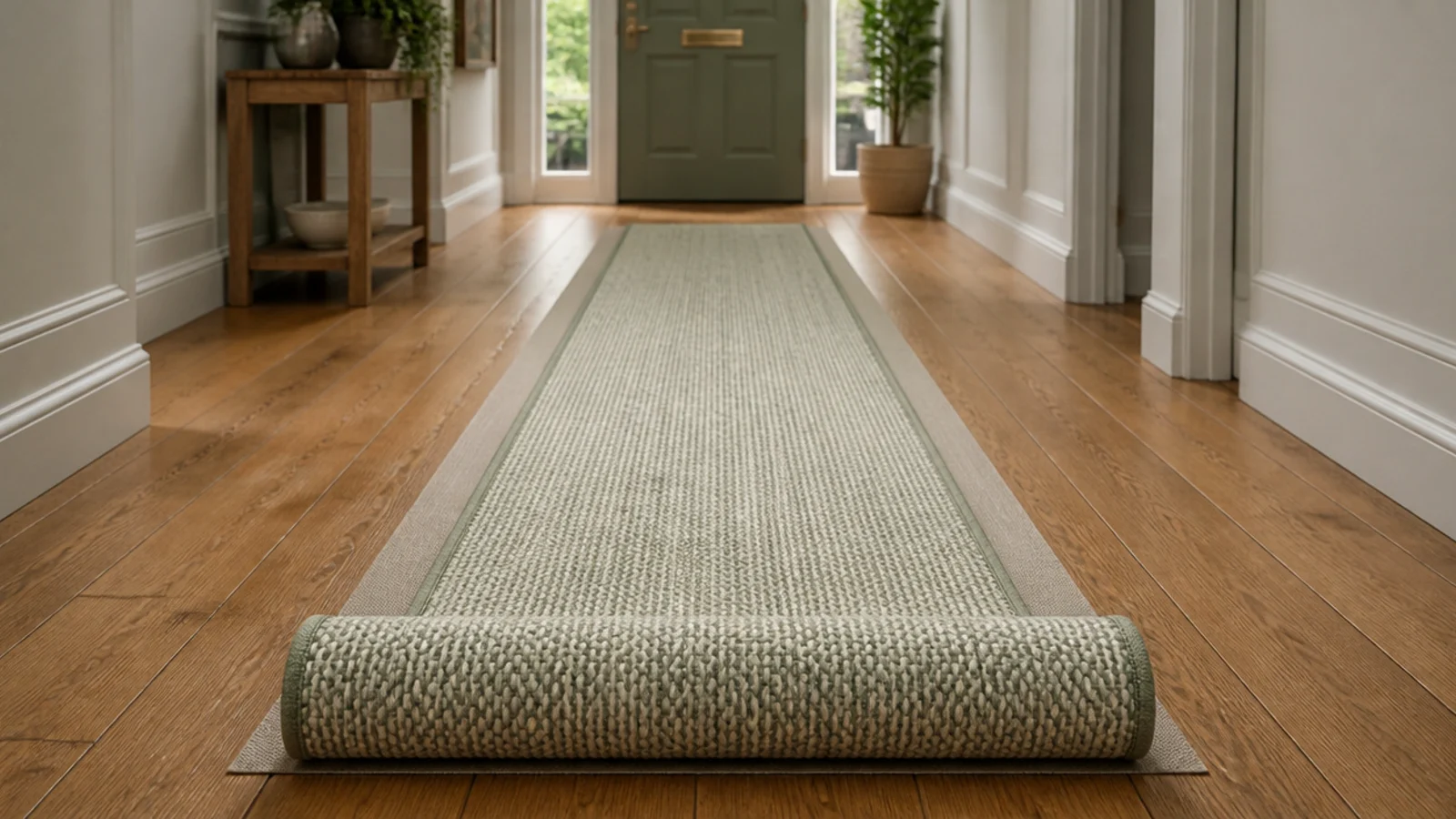 flat weave runner unrolled along an entryway floor with pad beneath