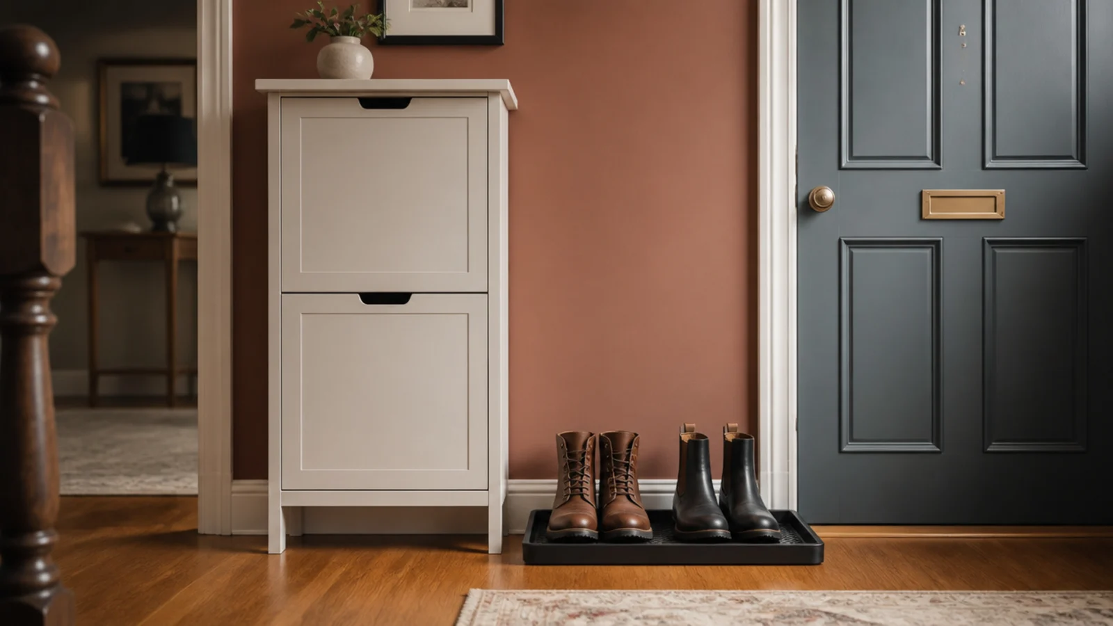 slim shoe cabinet and boot tray set up beside an entry door