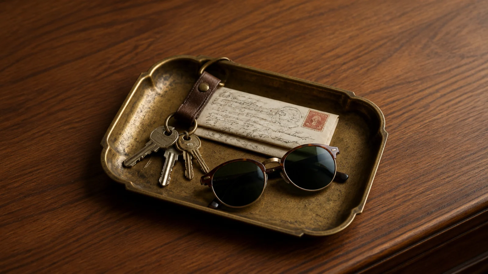 single brass tray placed on an entryway console holding keys
