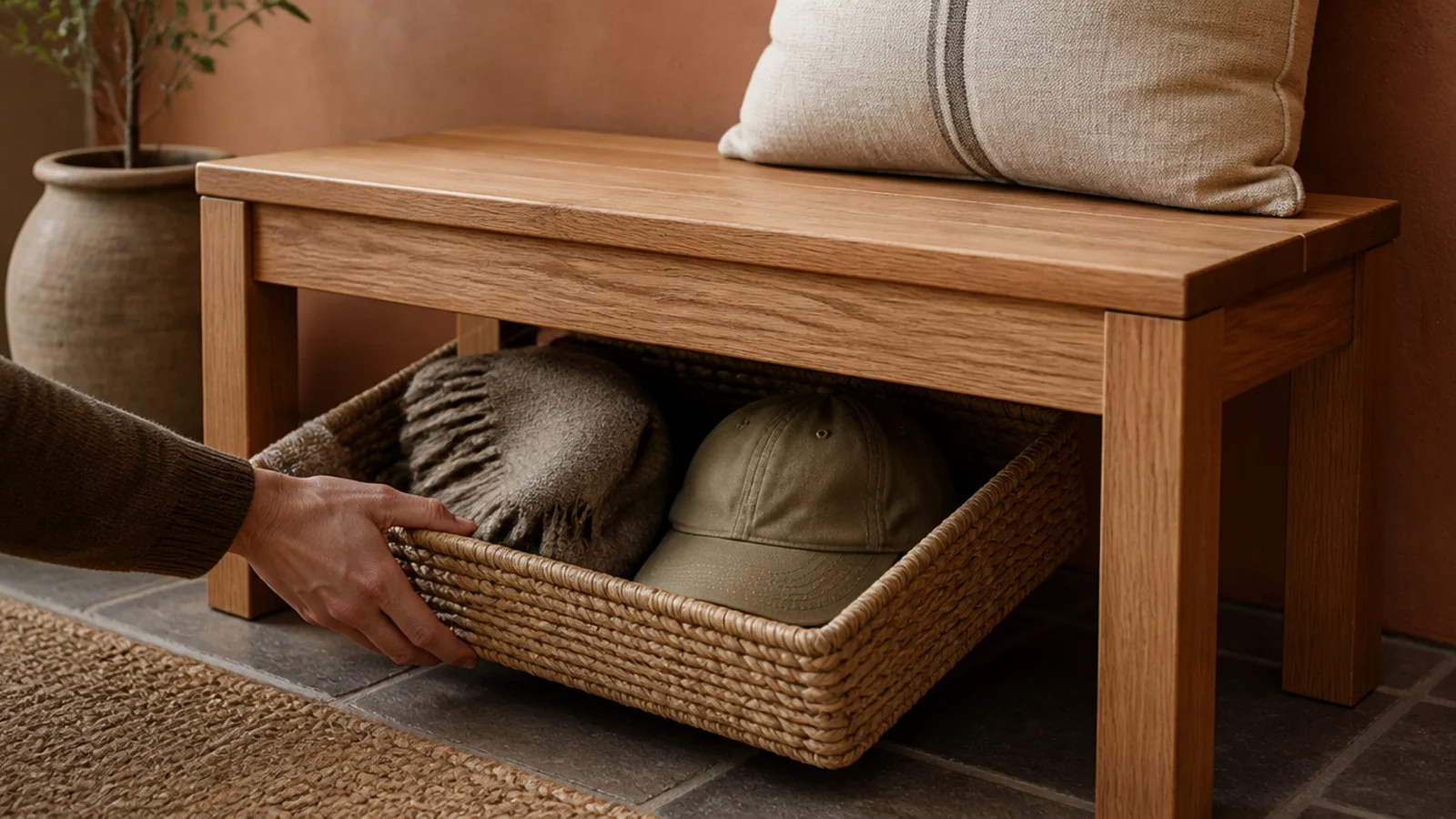 woven seagrass basket slid beneath a bench in a finished entryway