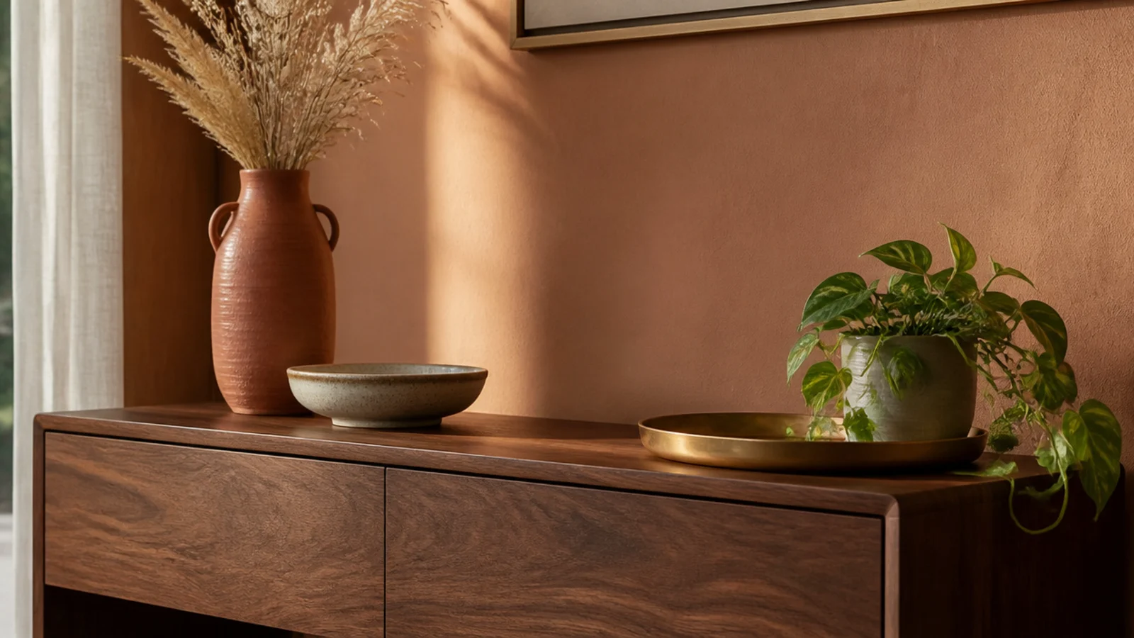 entryway console styled with a tall vase low bowl and trailing plant
