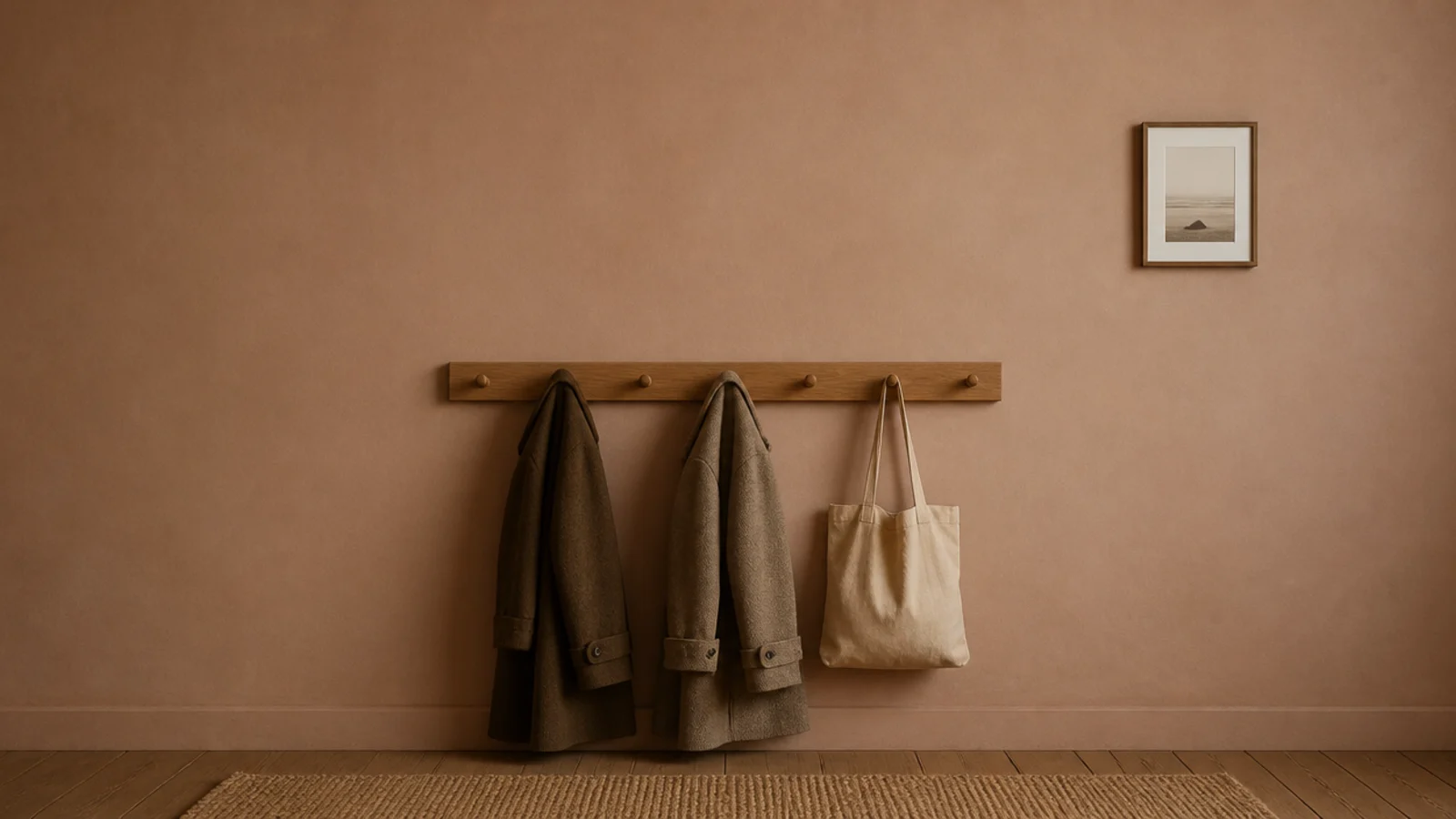 deliberately empty wall above a loaded entryway coat hook rail