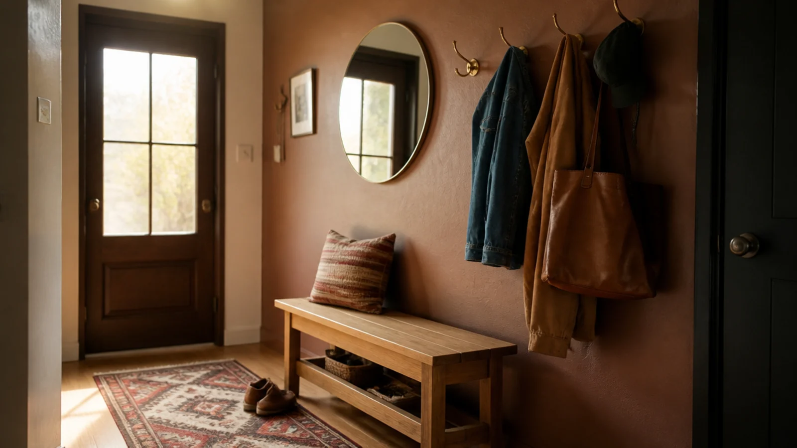 finished warm entryway in daily use with bench hooks and mirror