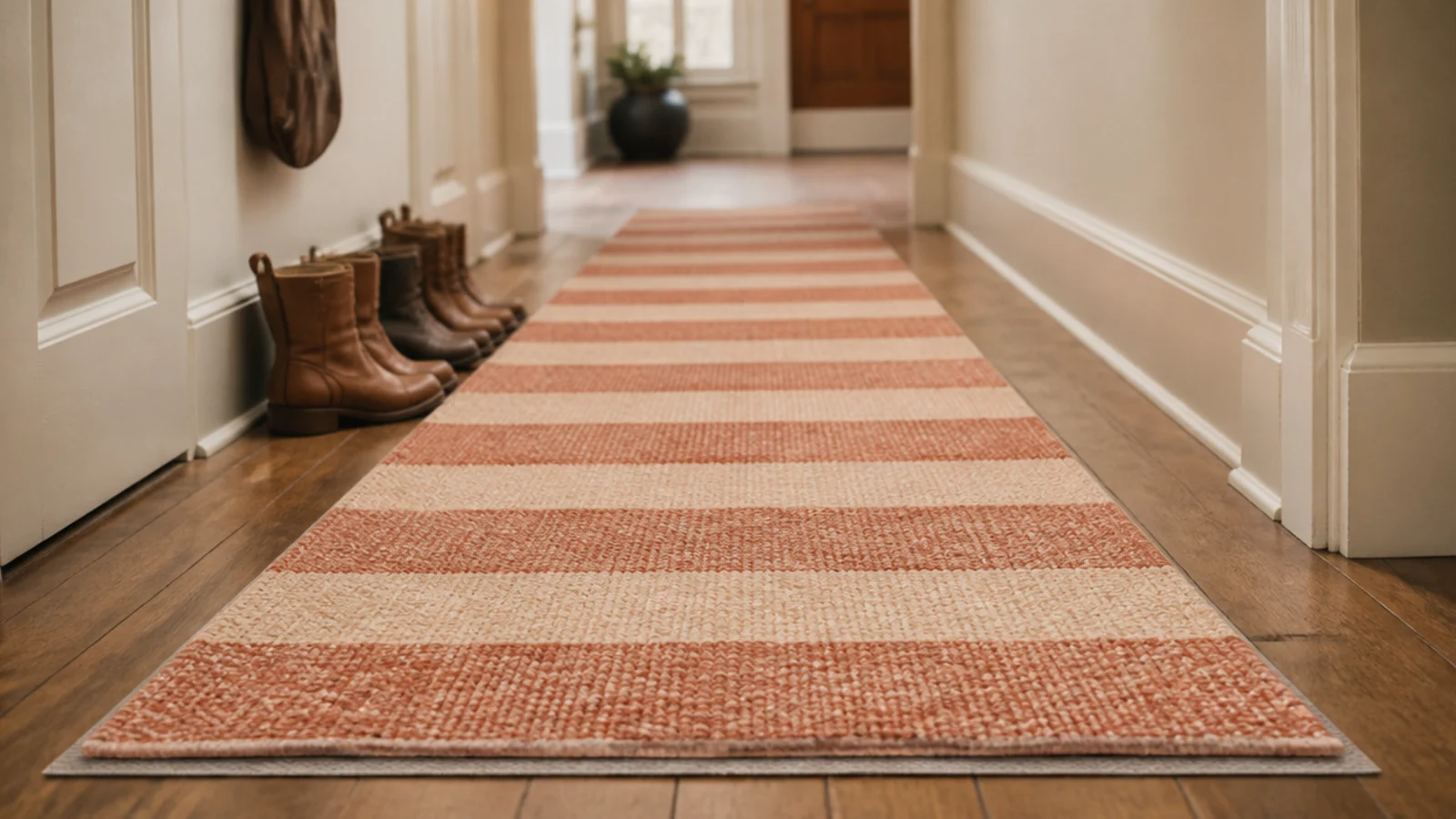 flat weave washable runner replacing worn pile in an entry hallway