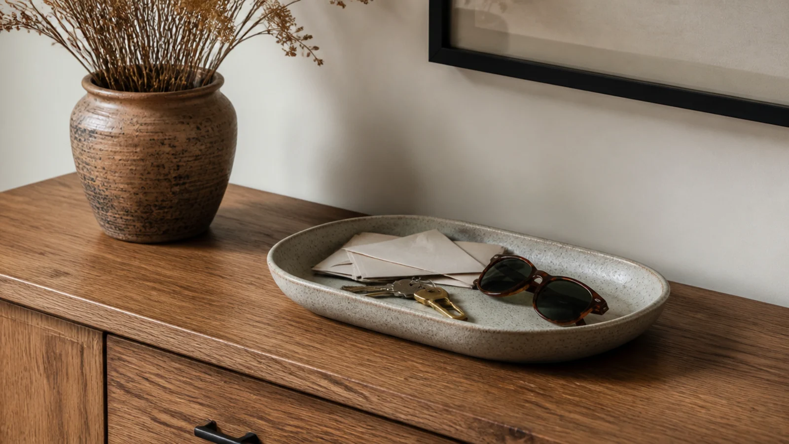 single stoneware tray containing keys and post on a tidy console