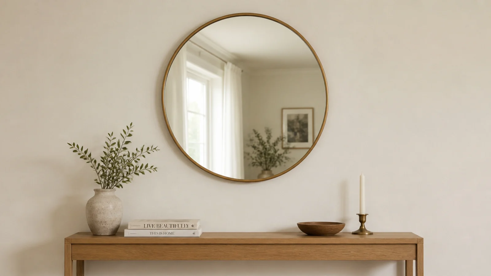 round brass entryway mirror hung above a slim console table