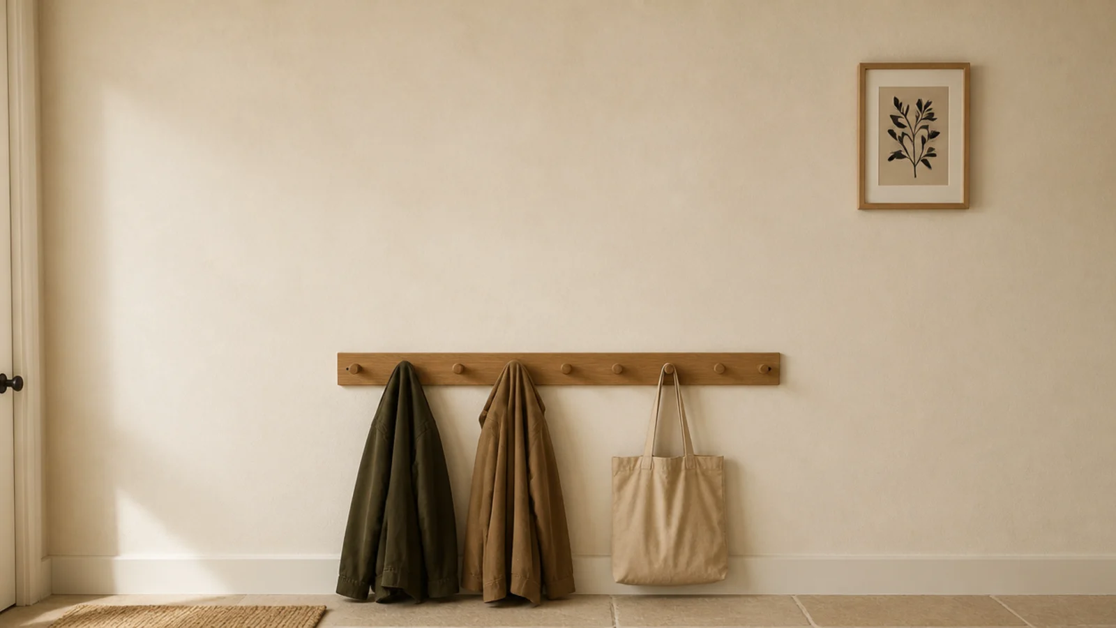 bare wall left empty above a loaded entryway coat hook rail