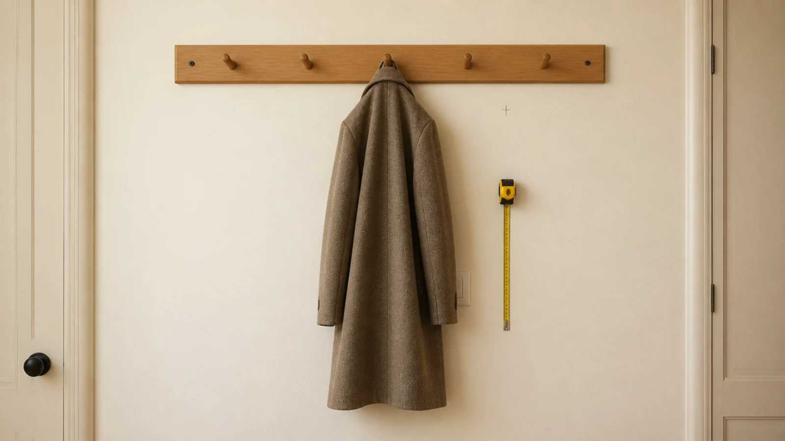 coat hooks mounted too high with a jacket hem brushing a light switch