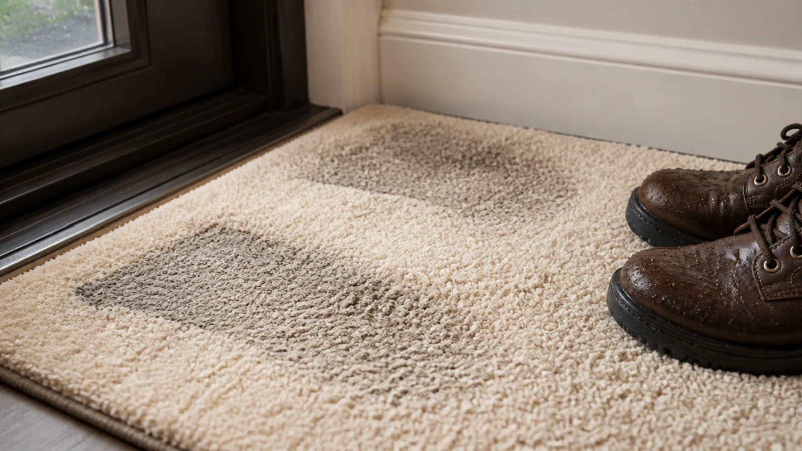 flattened deep pile runner by an entry door showing worn grey patches