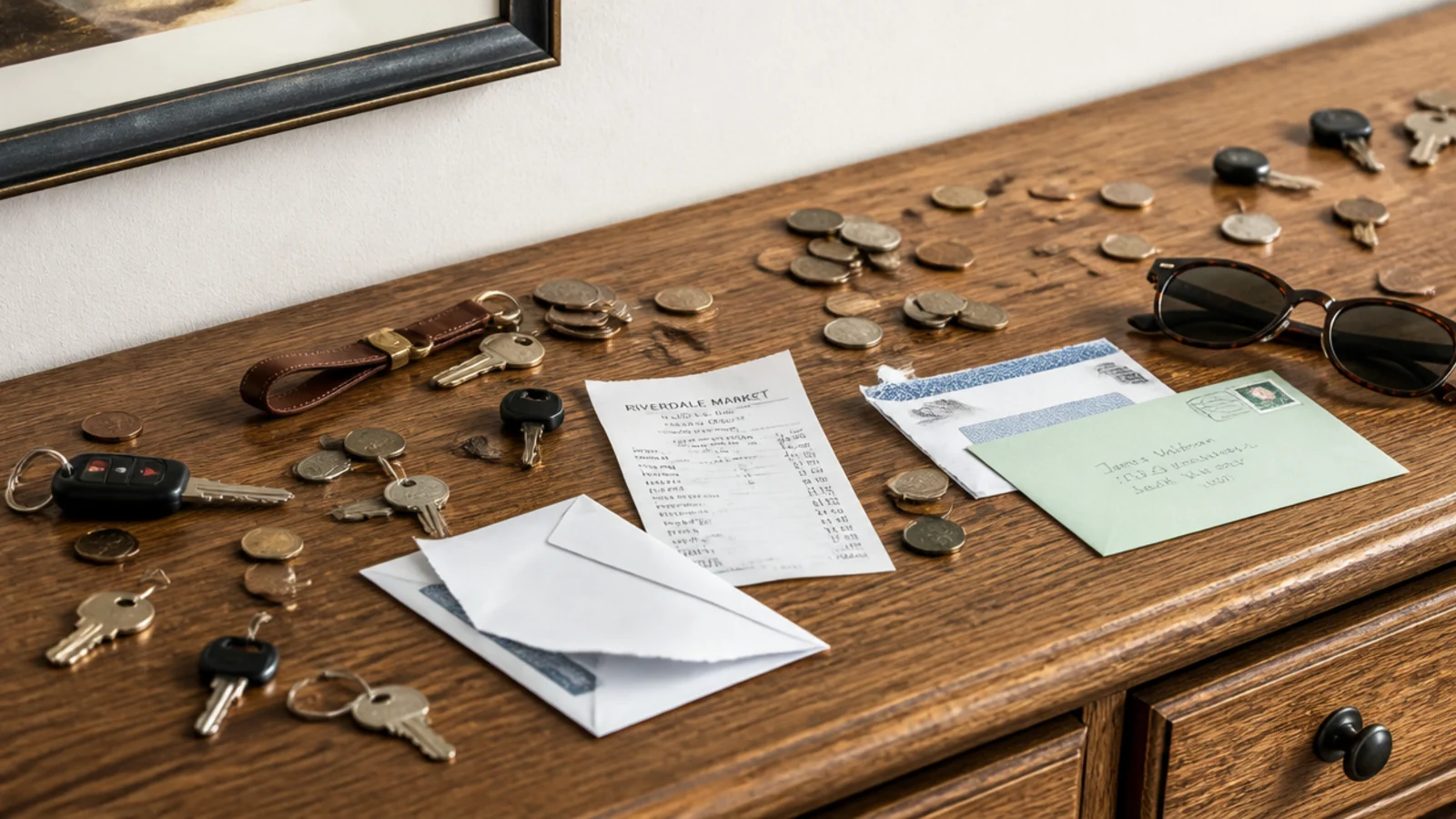 keys mail and sunglasses spread loose across an entryway console top