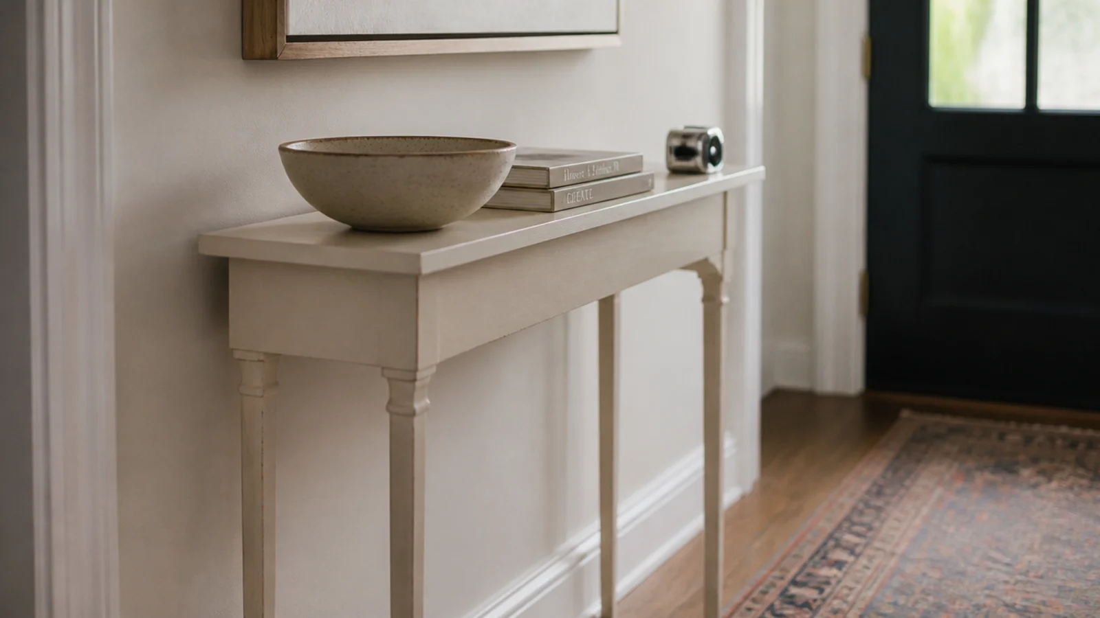 narrow thrifted console table cut down to fit a tight entryway