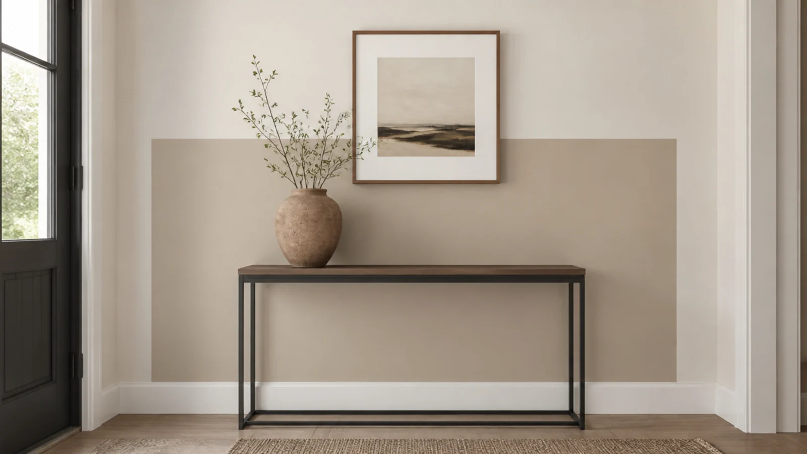 painted rectangle of sand color behind a small entryway console table