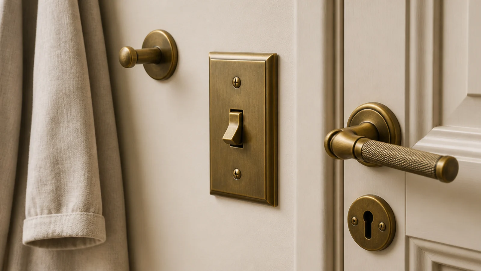 brass sprayed hooks and switch plate matching an entryway door handle